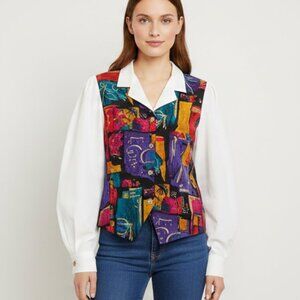 Vintage Bentley Abstract Print Long Sleeve Blouse with Faux Vest NWT Women’s L